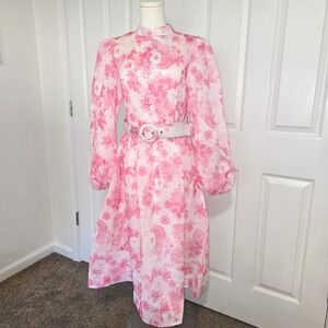 Mainstrip Floral Midi Dress Womens L Pink White Belted Mock Neck Bishop Sleeve